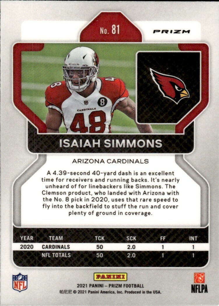 2021 Panini Prizm Football Base - Green Prizm #81 Isaiah Simmons Arizona Cardinals - B