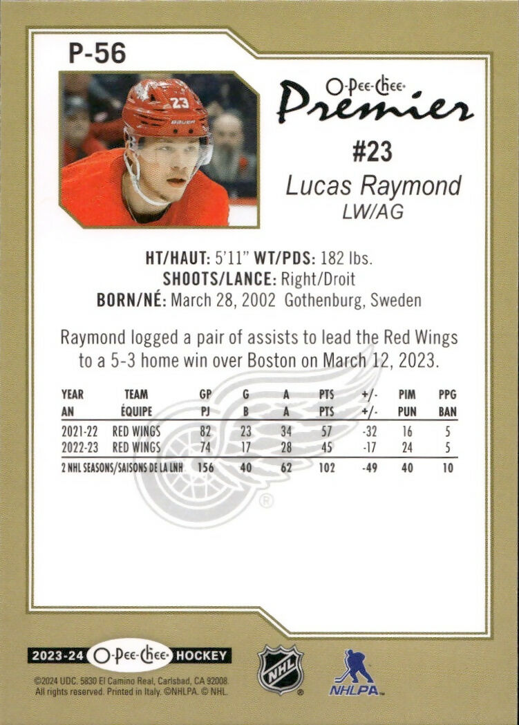 2023-24 Upper Deck O-Pee-Chee Hockey - Premiers #P-56 Lucas Raymond - Detroit Red Wings