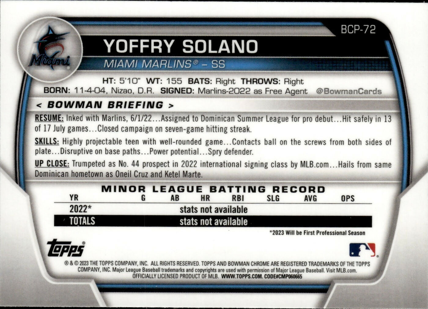 2023 Bowman Baseball - Chrome Prospects #BCP-72 Yoffry Solano - Miami Marlins - B
