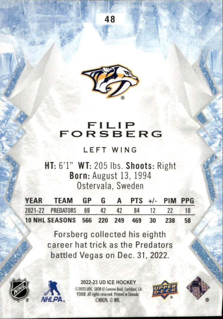 2022-23 Upper Deck Ice Hockey - Base - Green #48 Filip Forsberg - Nashville Predators - B