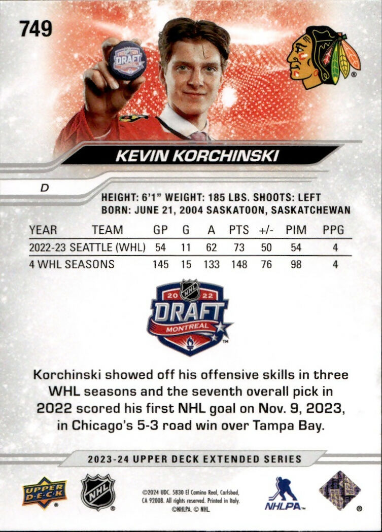2023-24 Upper Deck Extended Series - Base - 1st Round Rookies #749 Kevin Korchinski - Chicago Blackhawks - B