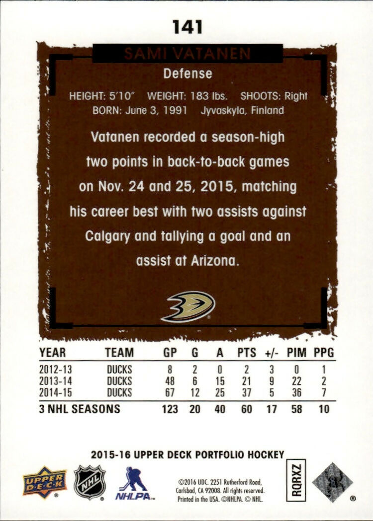 2015-16 Upper Deck Portfolio Hockey - Base #141 Sami Vatanen - Anaheim Ducks