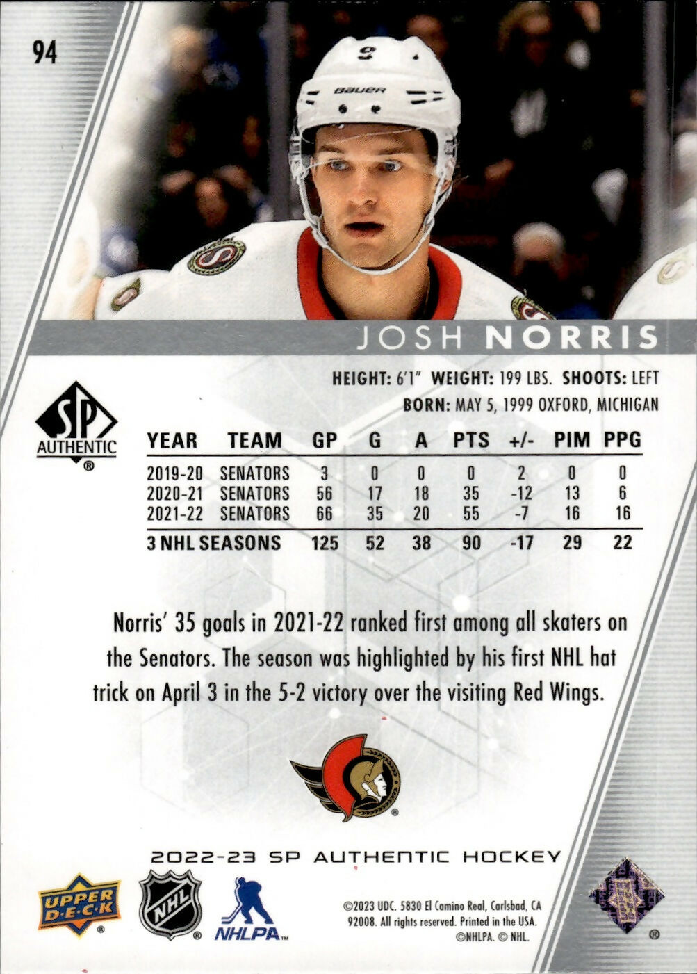 2022-23 Upper Deck SP Authentic Hockey - Base #94 Josh Norris - Ottawa Senators