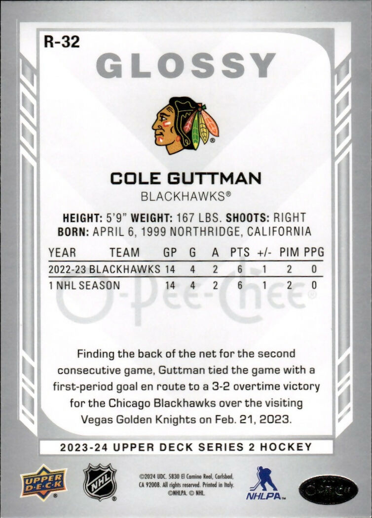 2023-24 Upper Deck Series 2 Hockey - O-Pee-Chee Glossy #R-32 Cole Guttman - Chicago Blackhawks