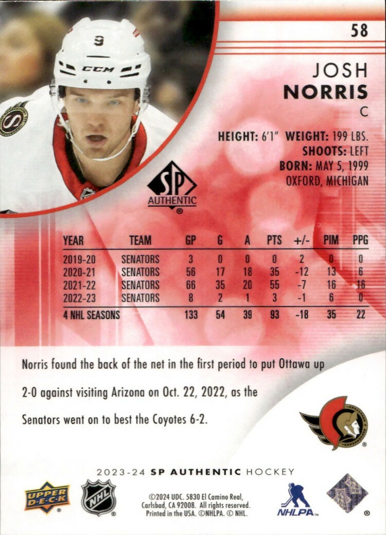 2023-24 Upper Deck SP Authentic Hockey - Base - Red Limited #58 Josh Norris - Ottawa Senators - B