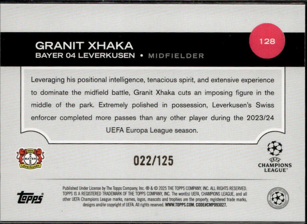 2024-25 Topps UEFA Club Competitions - Base - Blue Foilboard #128 Granit Xhaka - Bayer 04 Leverkusen - B