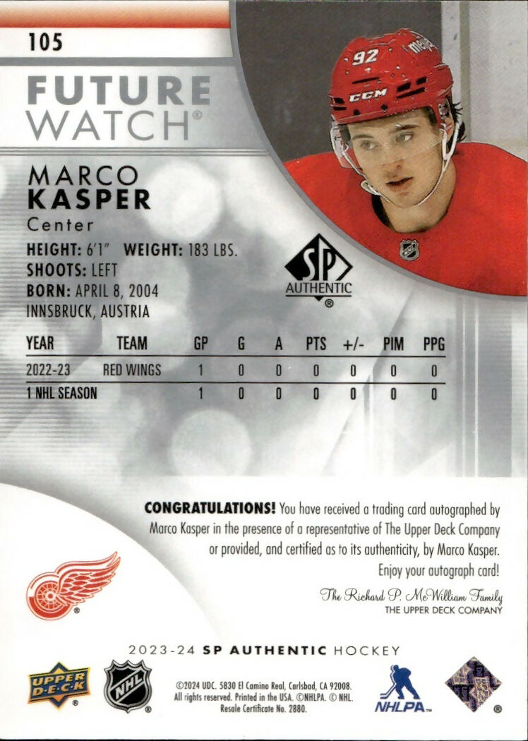 2023-24 Upper Deck SP Authentic Hockey - Base - Autographed Future Watch :999 #105 Marco Kasper - Detroit Red Wings - B