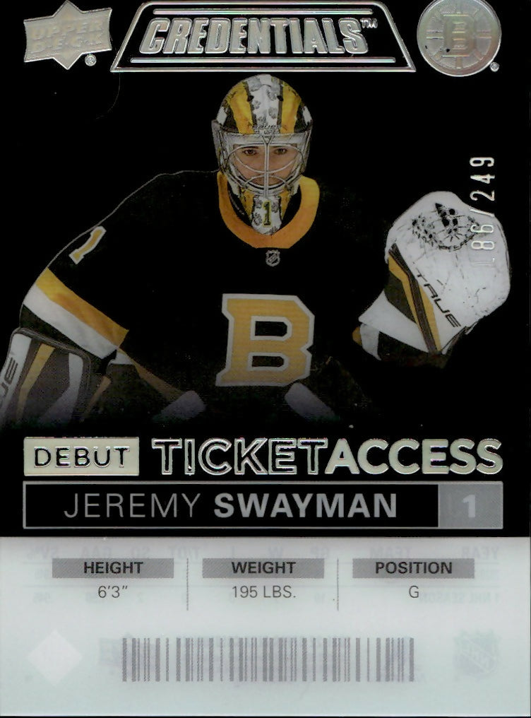 2021-22 Upper Deck Credentials - Base - Debut Ticket Access - Acetate :249 #DTA-JS Jeremy Swayman - Boston Bruins - A