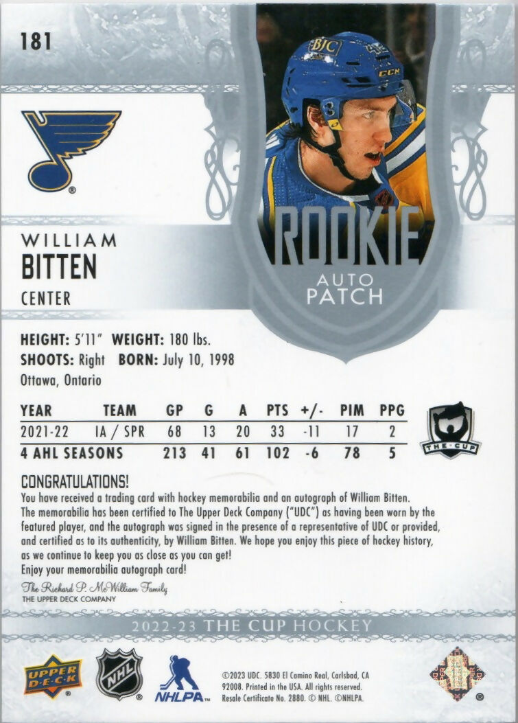 2022-23 Upper Deck The Cup Hockey - Base - Rookie - Patch - Auto #181 William Bitten - St. Louis Blues - B