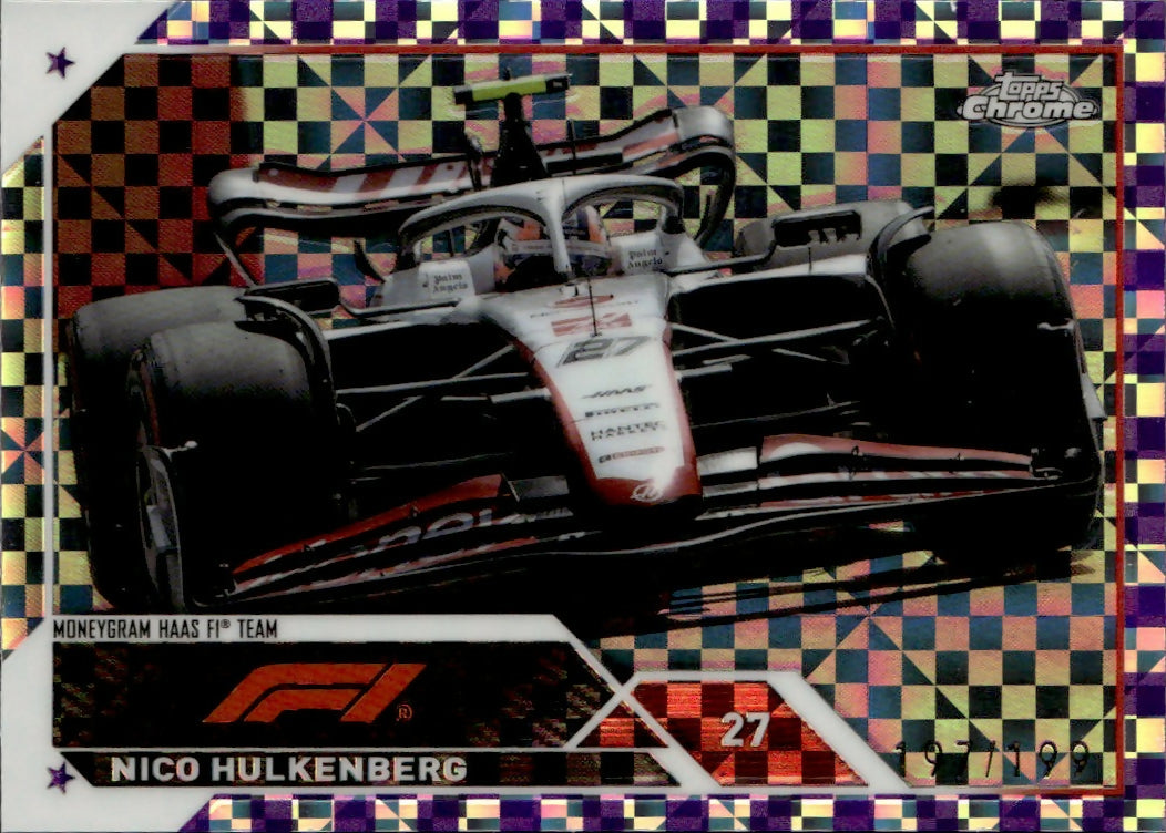 2023 Topps Chrome Formula 1 Base #120 - F1 Cars - Purple Checker Flag X-factor :199 Nico Hulkenberg - Moneygram Haas F1 Team - A