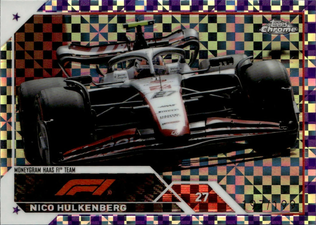 2023 Topps Chrome Formula 1 Base #120 - F1 Cars - Purple Checker Flag X-factor :199 Nico Hulkenberg - Moneygram Haas F1 Team - A