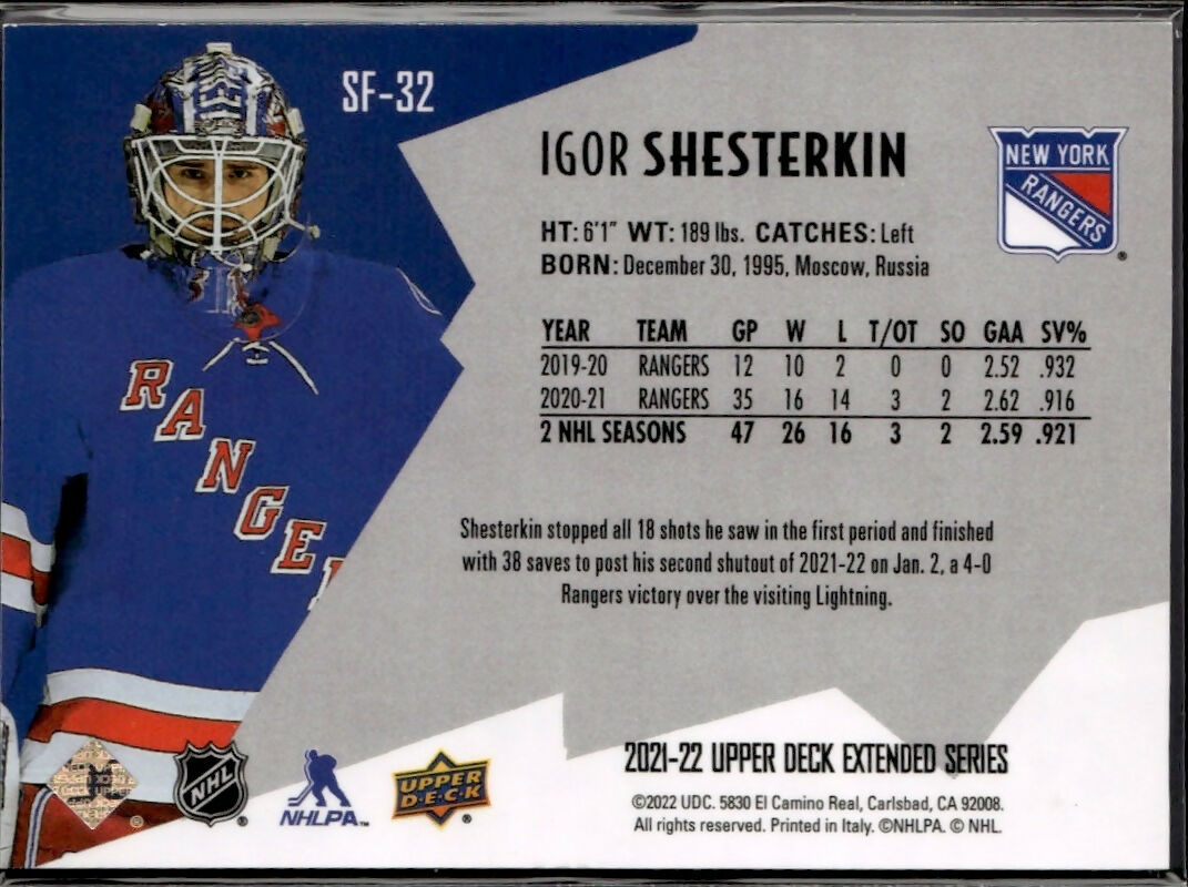 2021-22 Upper Deck SPx Finite Radiance /2999 #SF-32 Igor Shesterkin New York Rangers
