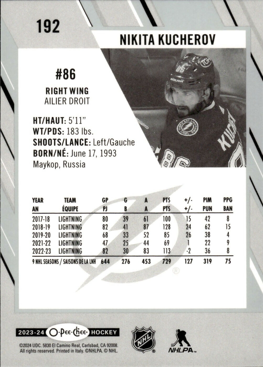 2023-24 Upper Deck O-Pee-Chee Hockey - Base #192 Nikita Kucherov - Tampa Bay Lightning