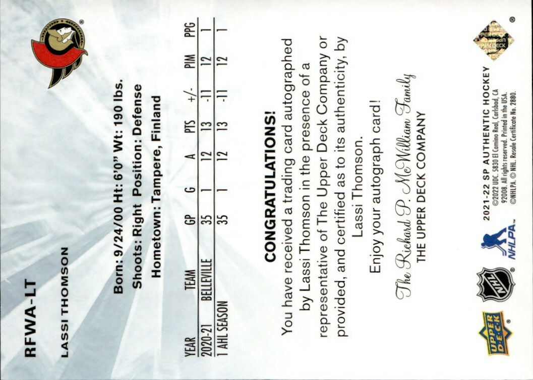 2021-22 Upper Deck SP Authentic Hockey - Rookie Future Watch Auto :499 #RFWA-LT Lassi Thomson - Ottawa Senators - B