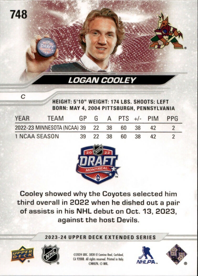 2023-24 Upper Deck Extended Series - Base - 1st Round Rookies #748 Logan Cooley - Arizona Coyotes - B