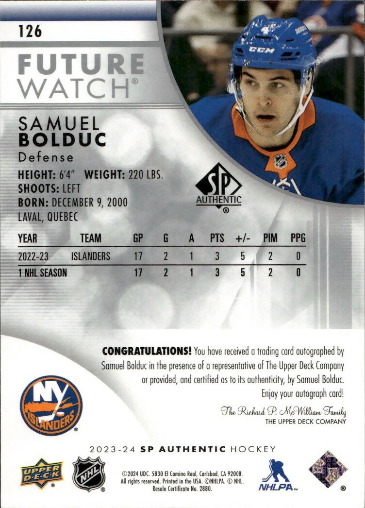 2023-24 Upper Deck SP Authentic Hockey - Base - Autographed Future Watch :999 #126 Samuel Bolduc - New York Islanders - B