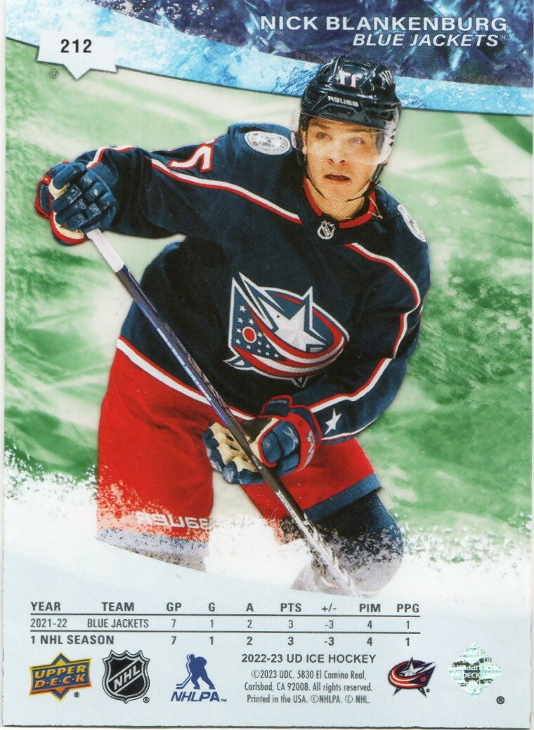 2022-23 Upper Deck Ice Hockey - Ice Premiers :599 #212 Nick Blankenburg - Columbus Blue Jackets - B