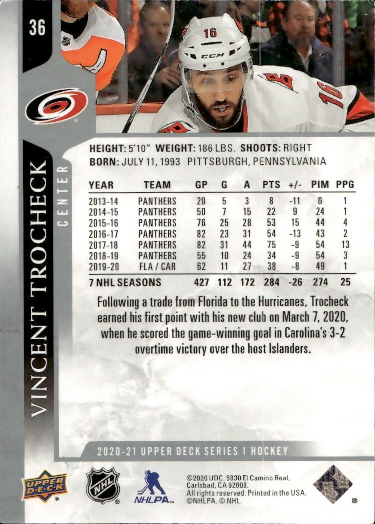 2020-21 Upper Deck Series 1 Hockey - Base #36 Vincent Trocheck - Carolina Hurricanes