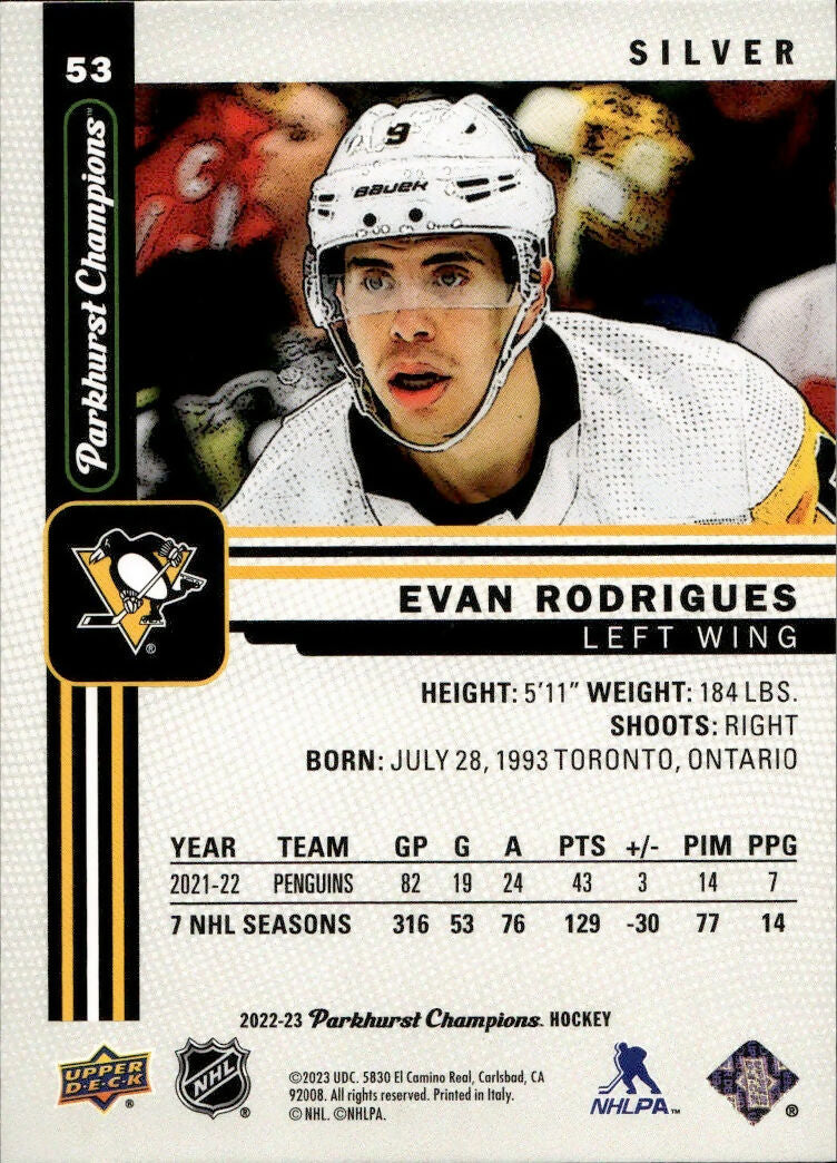 2022-23 Upper Deck Parkhurst Champions - Base - Silver #53 Evan Rodrigues - Pittsburgh Penguins - B