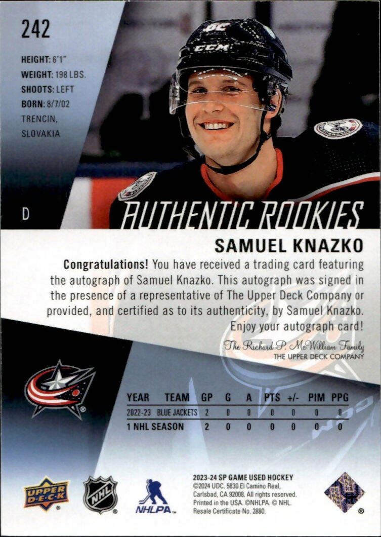 2023-24 Upper Deck SP Game Used Hockey - Base - Autographs #242 Samuel Knazko - Columbus Blue Jackets - B