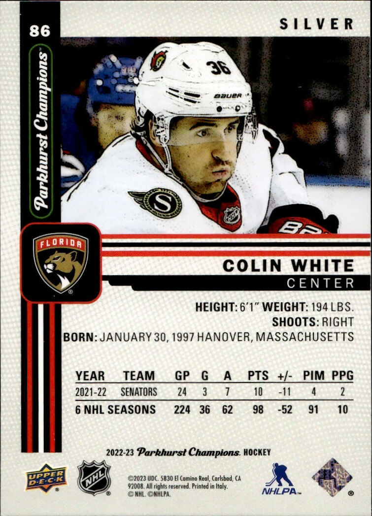 2022-23 Upper Deck Parkhurst Champions - Base - Silver #86 Colin White - Florida Panthers - B