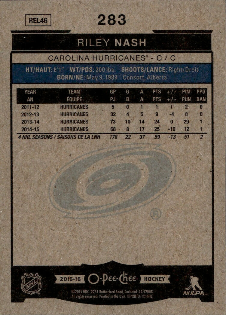 2015-16 Upper Deck O-Pee-Chee Hockey - Base #283 Riley Nash - Carolina Hurricanes