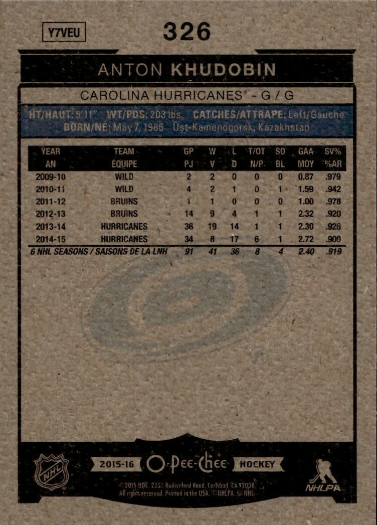 2015-16 Upper Deck O-Pee-Chee Hockey - Base #326 Anton Khodobin - Carolina Hurricanes
