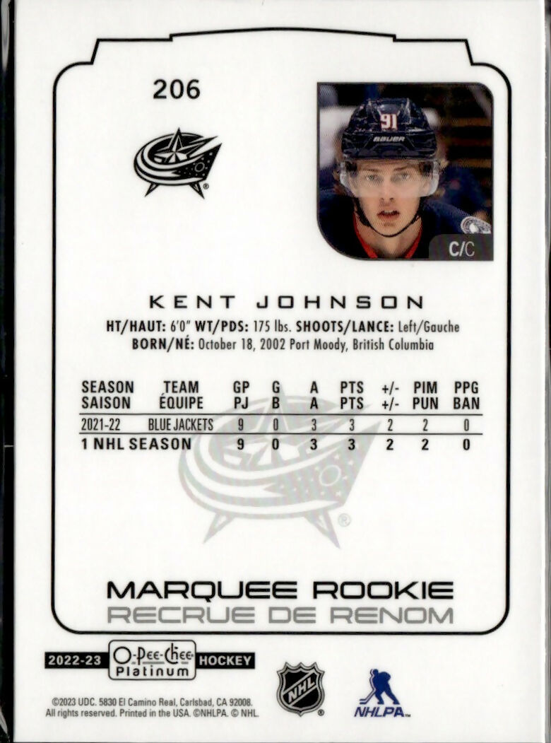 2022-23 Upper Deck O-Pee-Chee Platinum Hockey - Base - Marquee Rookie #206 Kent Johnson - Columbus Blue Jackets - B