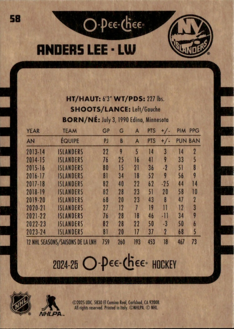 2024-25 Upper Deck O-Pee-Chee - Base - Retro #58 Anders Lee - New York Islanders - B