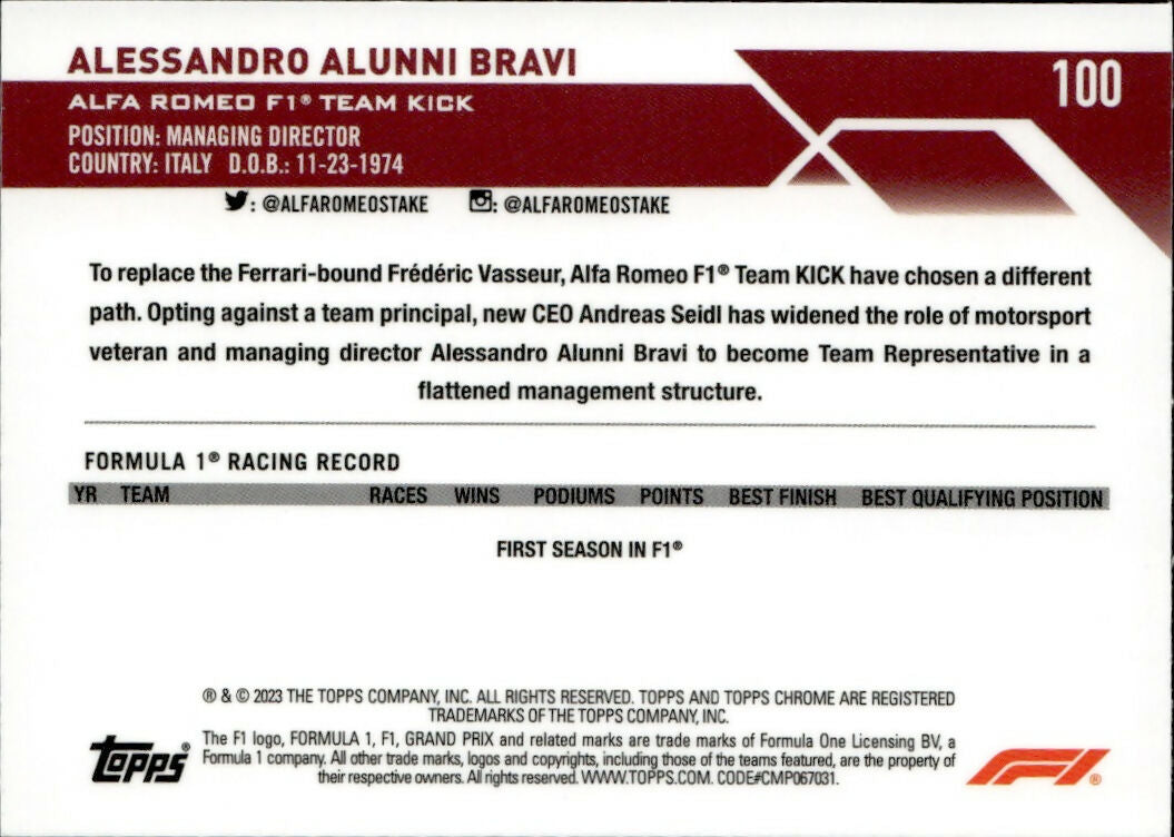 2023 Topps Chrome Formula 1 Base #100 - F1 Crew Team - Refractor - Purple :399 Alessandro Alunni Bravi - Alfa Romeo F1 Team Kick - B