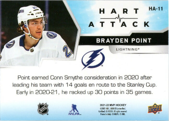 2021-22 Upper Deck MVP Hockey - Hart Attack #HA-11 Brayden Point - Tampa Bay Lightning