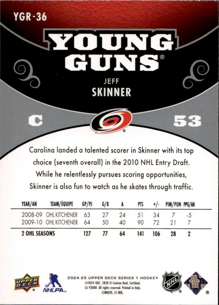 2024-25 Upper Deck Series 1 Hockey - Young Guns Renewed #YGR-36 Jeff Skinner - Carolina Hurricanes - B