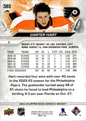 2023-24 Upper Deck Series 2 Hockey - Base #385 Carter Hart - Philadelphia Flyers B