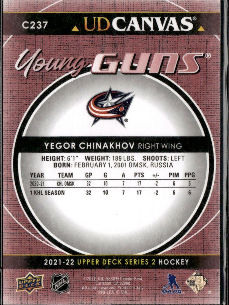 2021-22 Upper Deck UD Canvas #C237 Yegor Chinakhov Columbus Blue Jackets