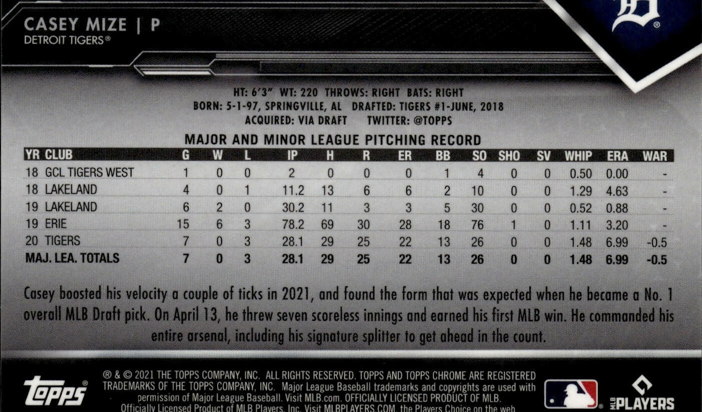 2021 Topps Chrome Black Baseball - [Base] #12 Casey Mize - Detroit Tigers - B