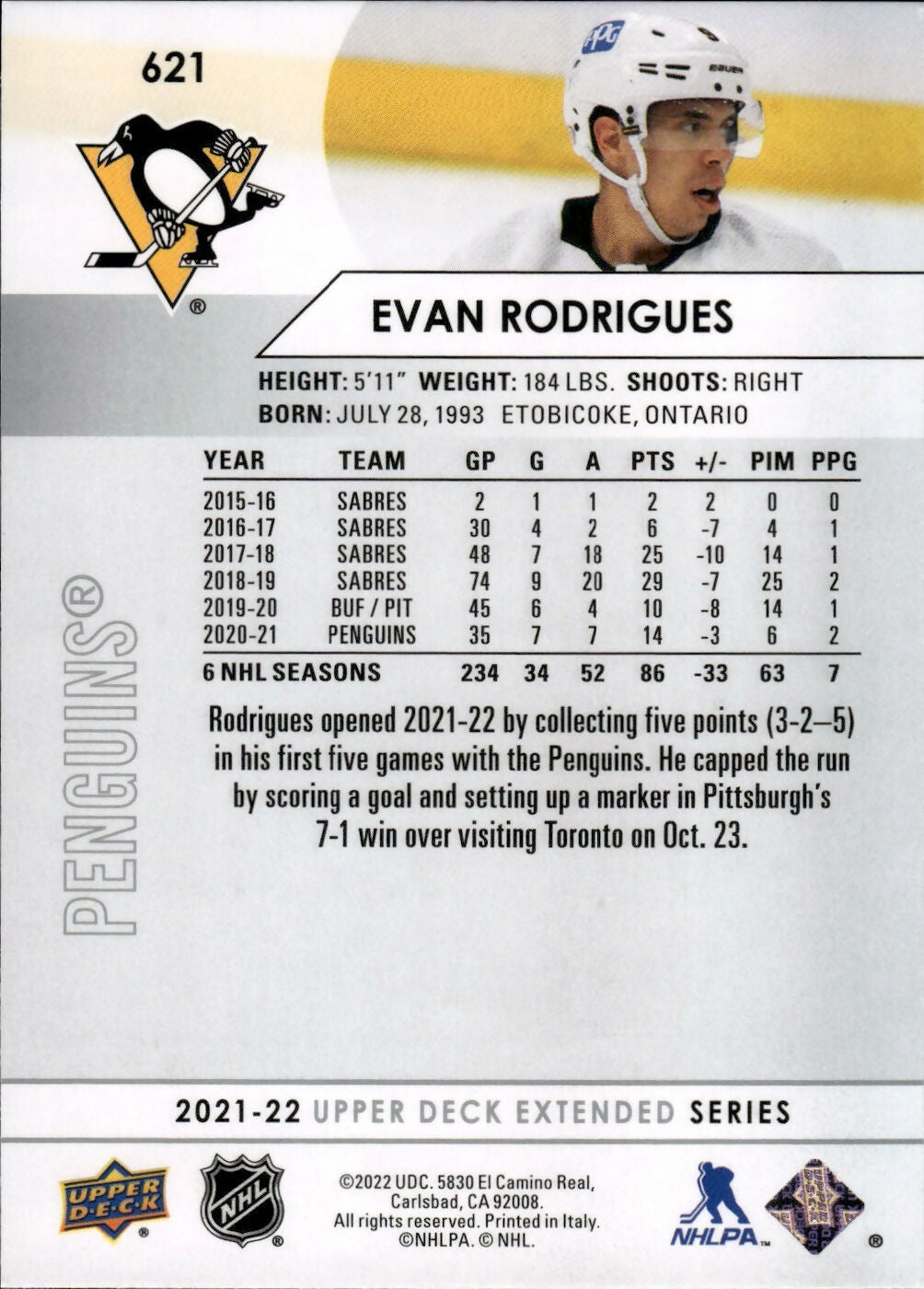 2021-22 Upper Deck Extended Series Hockey - Base #621 Evan Rodrigues - Pittsburgh Penguins