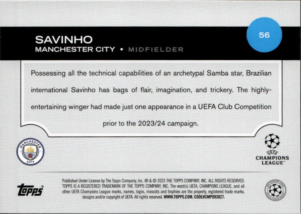 2024-25 Topps UEFA Club Competitions - Base #56 Savinho - Manchester City - B