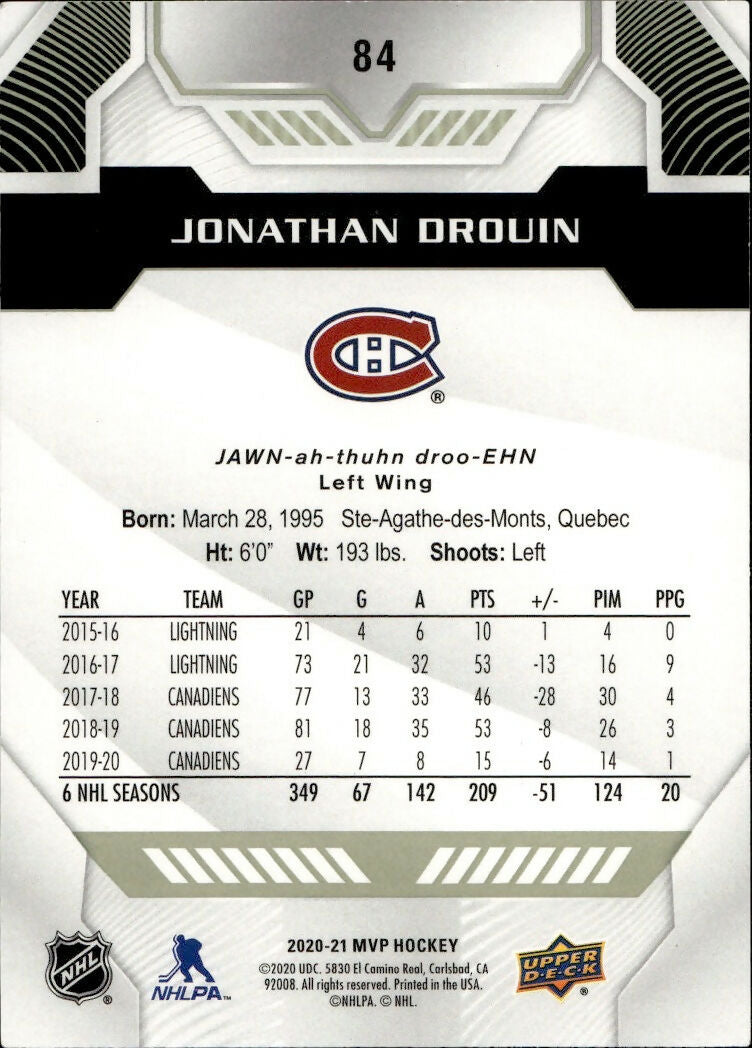 2020-21 Upper Deck MVP Hockey - Base #84 Jonathan Drouin - Montreal Canadiens