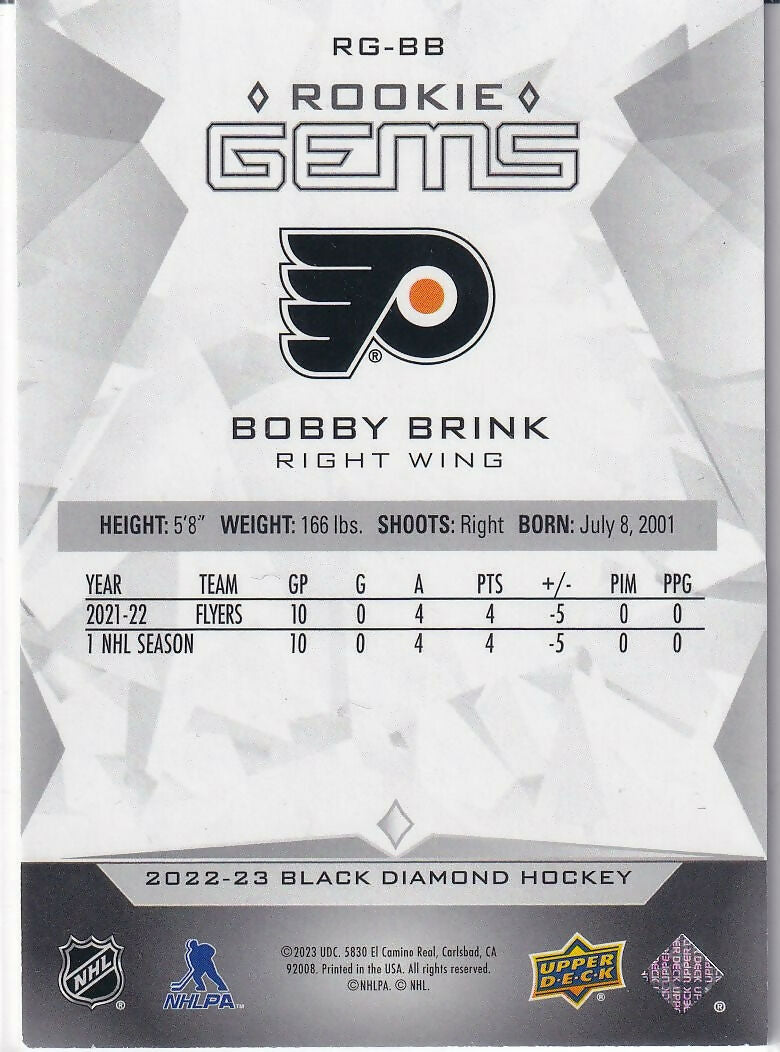2022-23 Upper Deck Black Diamond Rookie Gems #RG-BB Bobby Brink Philadelphia Flyers