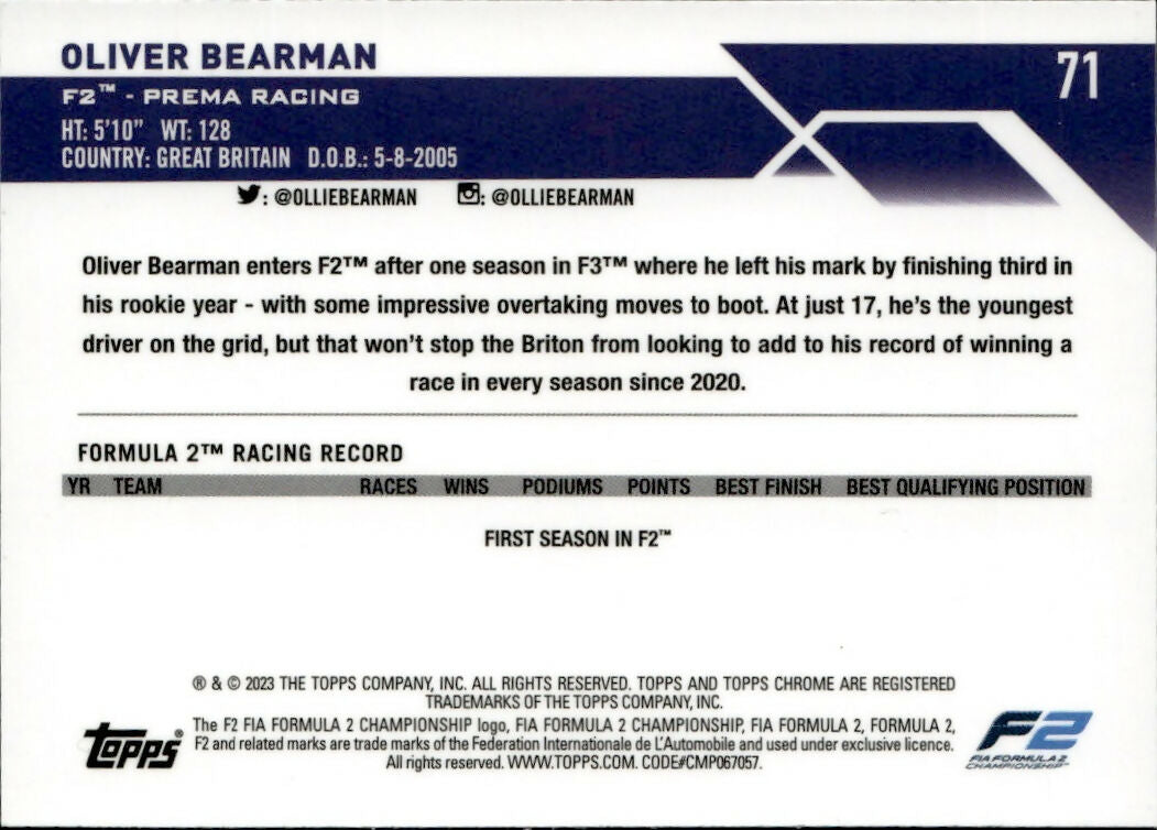 2023 Topps Chrome Formula 1 Base #71 - F2 Drivers Oliver Bearman - F2 Prema Racing -BB