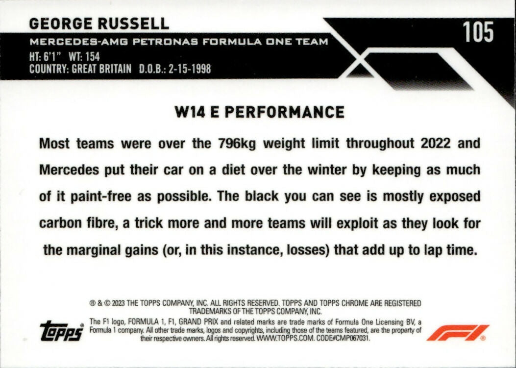 2023 Topps Chrome Formula 1 Base #105 - F1 Cars - Refractor - Purple :399 George Russell - Mercedes-AMG Petronas Formula One Team - B