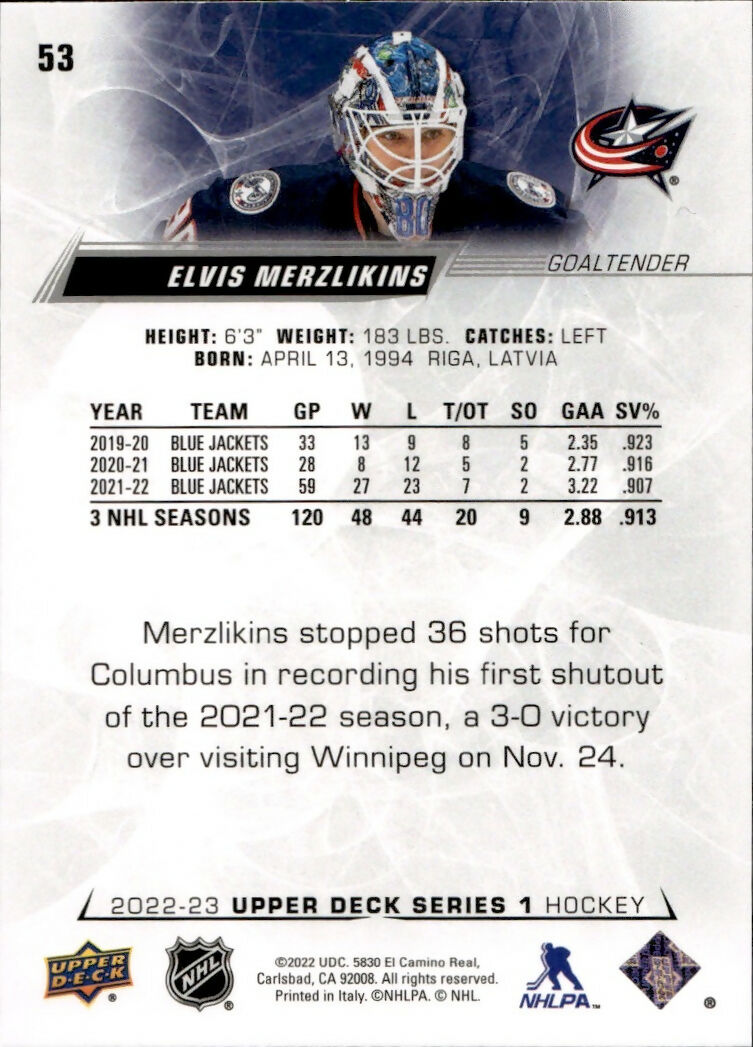 2022-23 Upper Deck Series 1 Hockey - Base #53 Elvis Merzlikins - Columbus Blue Jackets - B