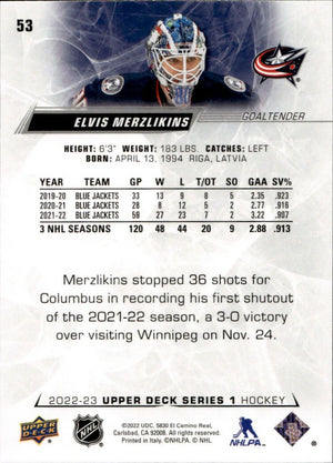 2022-23 Upper Deck Series 1 Hockey - Base #53 Elvis Merzlikins - Columbus Blue Jackets - B