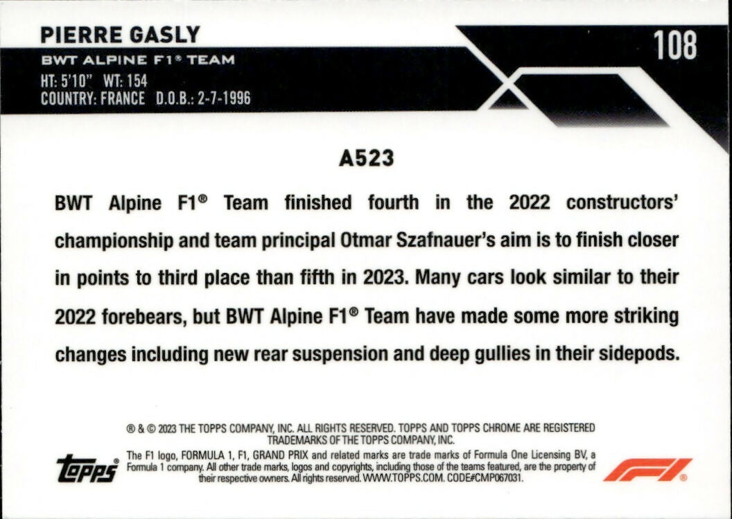 2023 Topps Chrome Formula 1 Base #108 - F1 Cars Pierre Gasly - BWT Alpine F1 Team - B