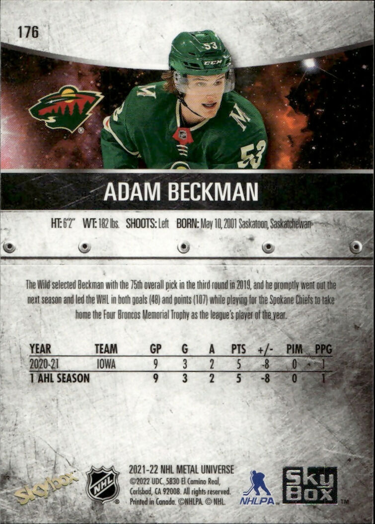 2021-22 Upper Deck Skybox Metal Universe Hockey - Base #176 Adam Beckman - Minnesota Wild - B