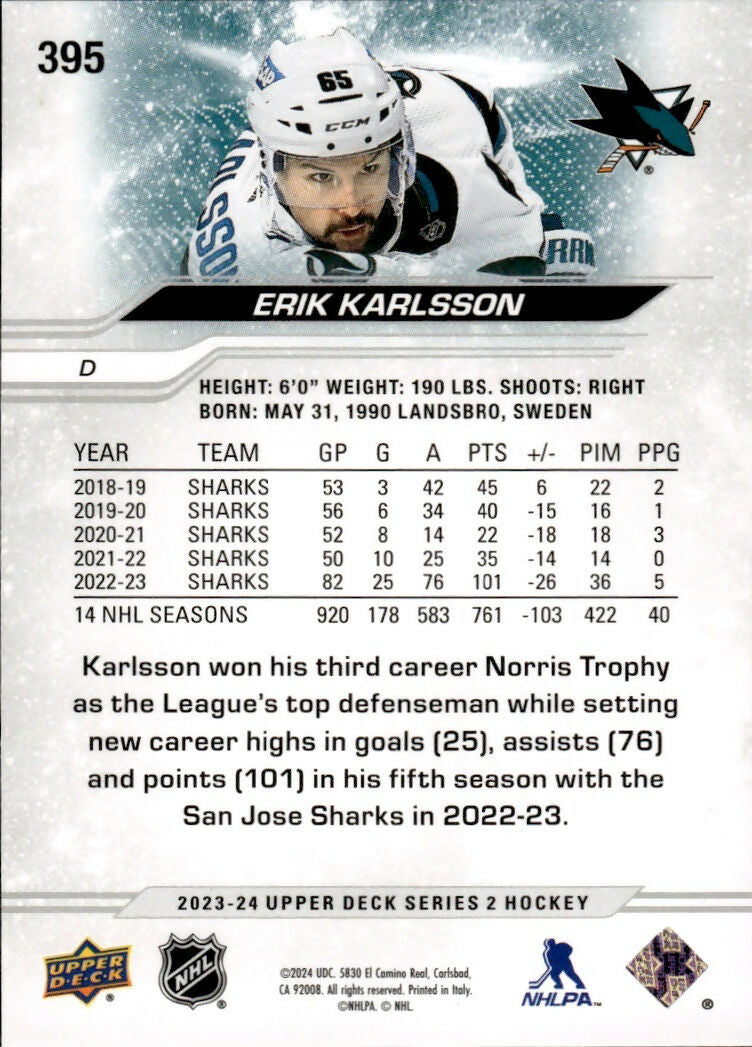 2023-24 Upper Deck Series 2 Hockey - Base #395 Erik Karlsson - San Jose Sharks