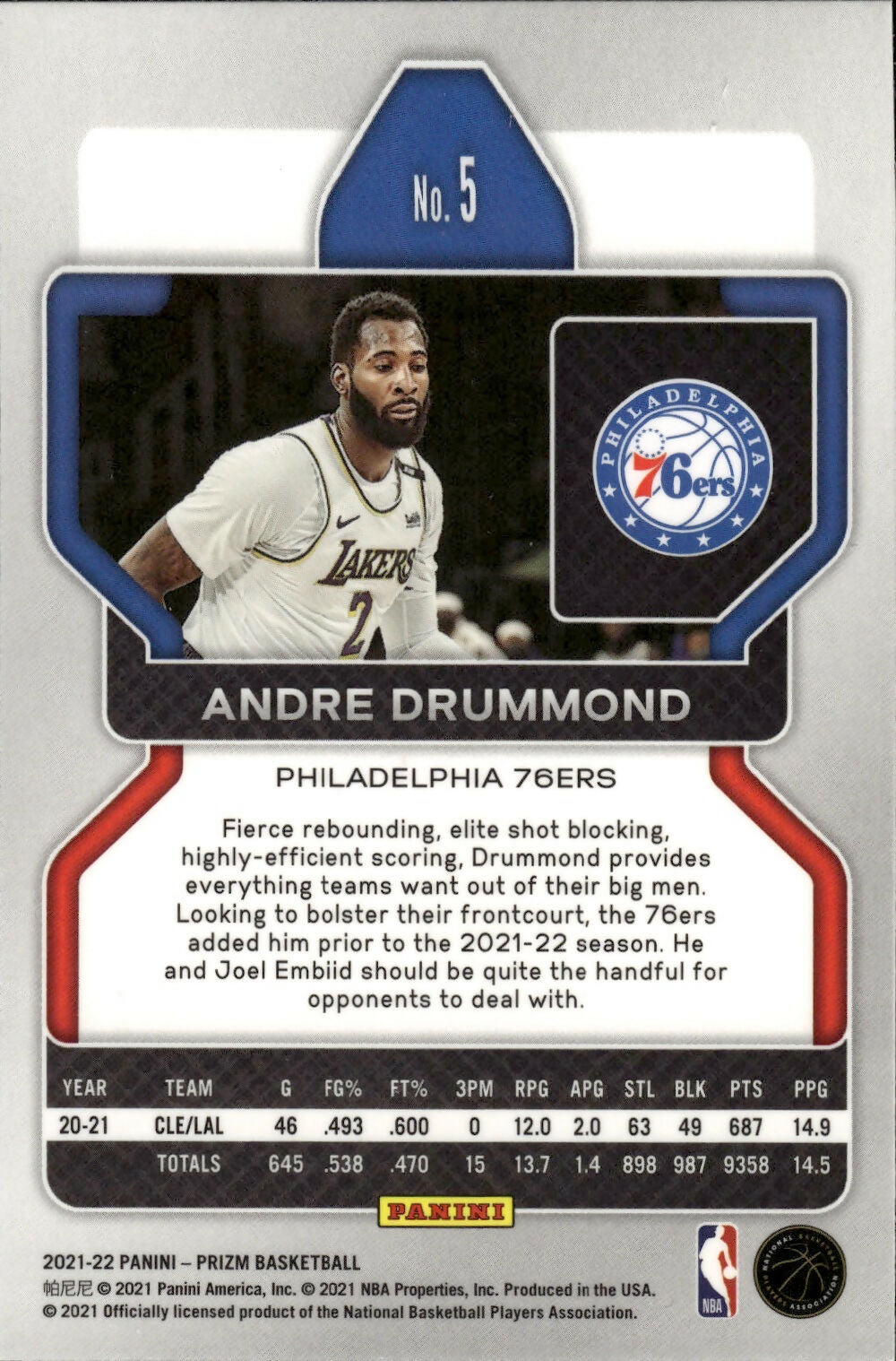 2021-22 Panini Prizm Basketball - Base # 5 Andre Drummond - Philadelphia 76ers