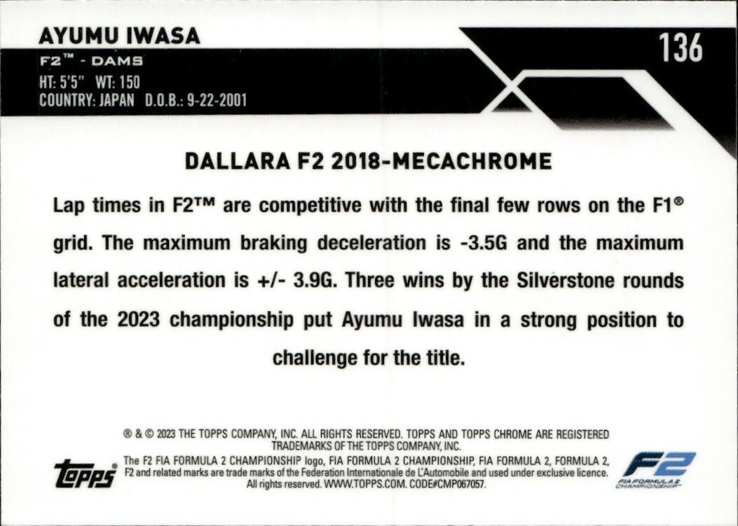 2023 Topps Chrome Formula 1 Base #136 - F2 Cars Ayumu Iwasa - F2 Dams - B