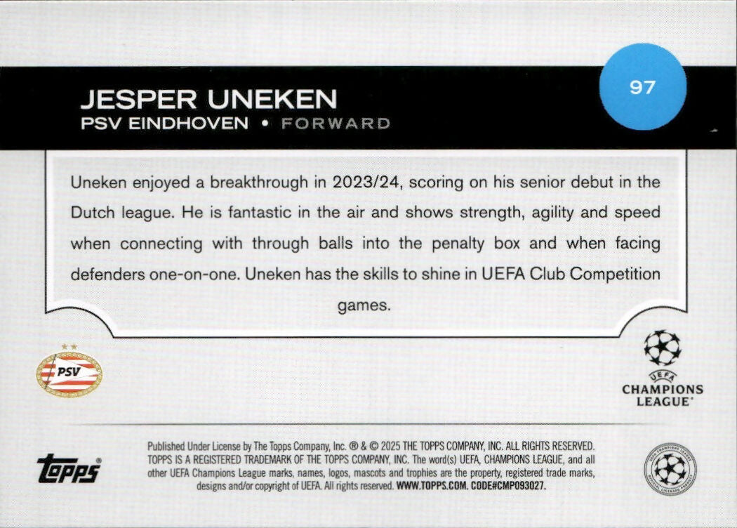 2024-25 Topps UEFA Club Competitions - Base #97 Jesper Uneken - PSV Eindhoven - B