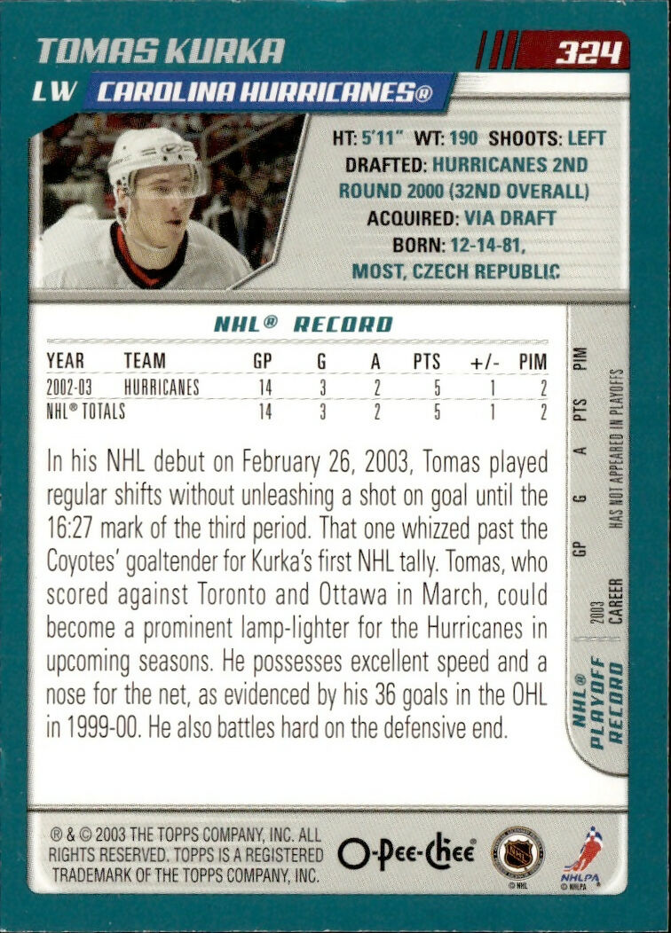 2003-04 O-Pee-Chee - Base #324 Tomas Kurka - Carolina Hurricanes - B